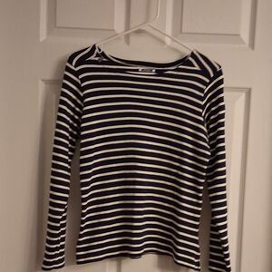 NWOT Voile Bleue Women's Navy White Striped Long Sleeve Cotton Anchor Patch Top